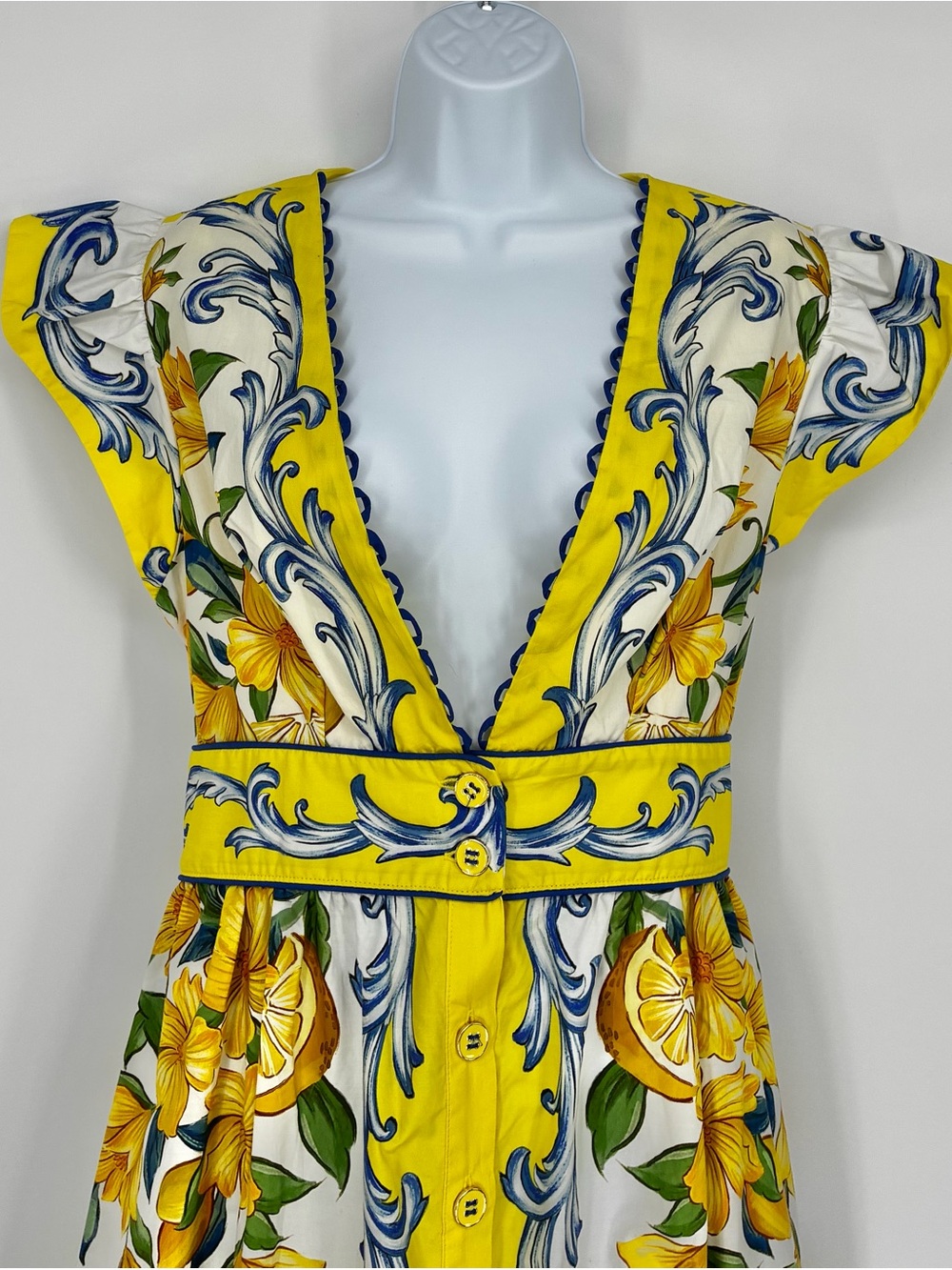 Farm Rio Yellow Mediterranean Sicily Scarf Lemon Tile Dress Medium - Picture 6 of 16